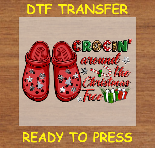 DTF Transfer featuring red shoes with festive decorations.