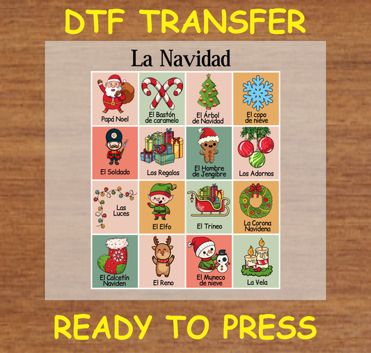 "La Navidad DTF Transfer Design Ready to Press with Christmas-themed Illustrations in Spanish"