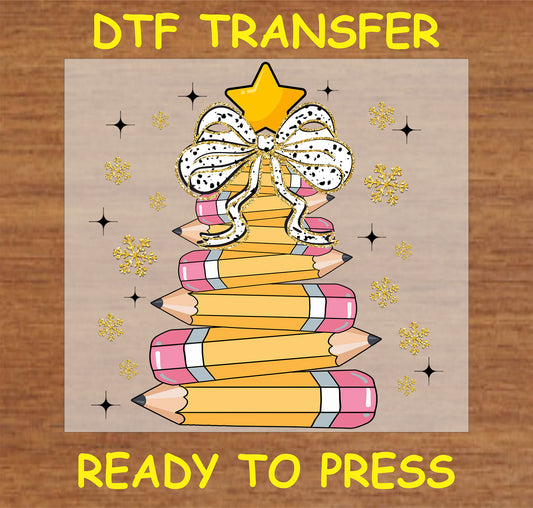 "Pencil tree DTF transfer design with colorful pencils, a star, and a festive bow"