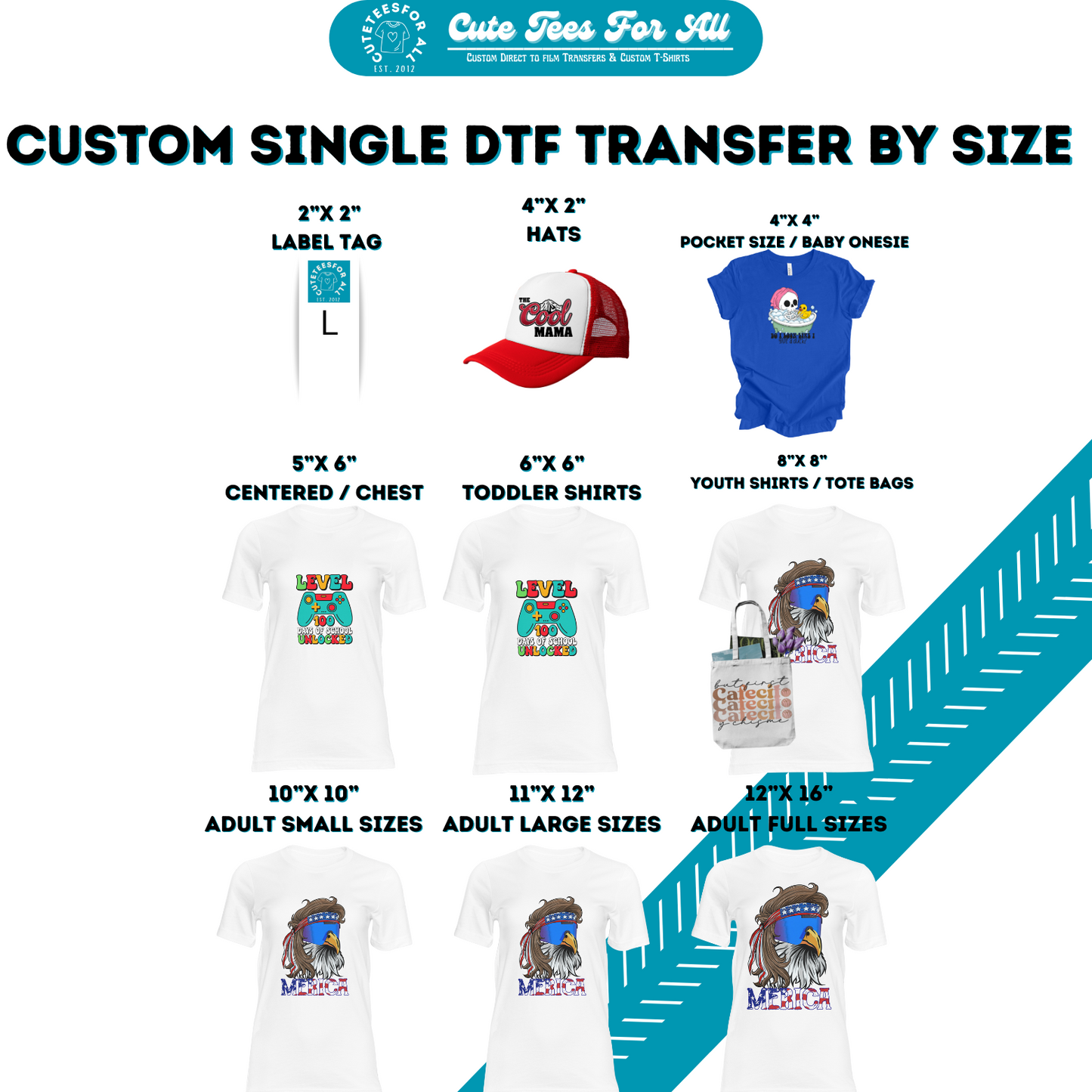custom single dtf direct to film transfers by size