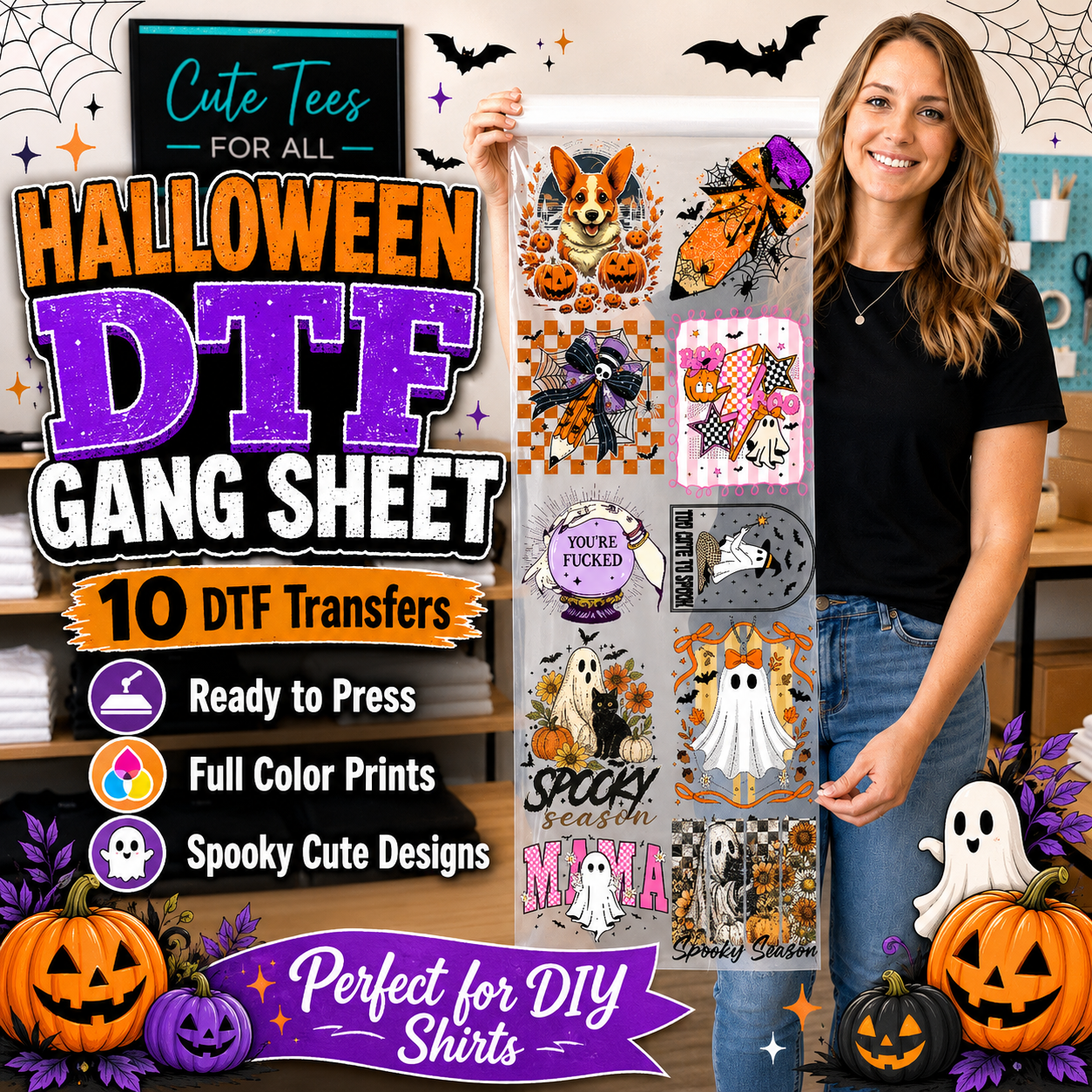 A woman stands next to a large printed sheet showing multiple Halloween-themed DTF transfer designs. The sheet includes pumpkins, ghosts, witches, skulls, bats, and spooky text.