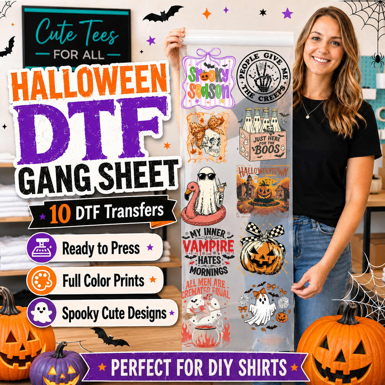 A woman holds up a clear DTF transfer sheet featuring multiple Halloween-themed graphic designs, with promotional text overlays and pumpkins around her on a decorated indoor background.