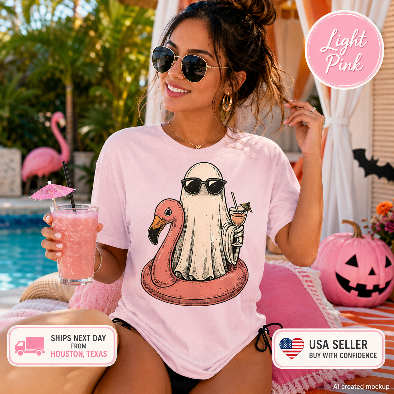 A woman wearing a light pink graphic t-shirt with a ghost and flamingo design, sitting in a tropical patio setting by a pool. The image includes promotional badges for 'Light Pink', 'Ships Next Day from Houston, Texas', and 'USA Seller Buy with Confidence'.