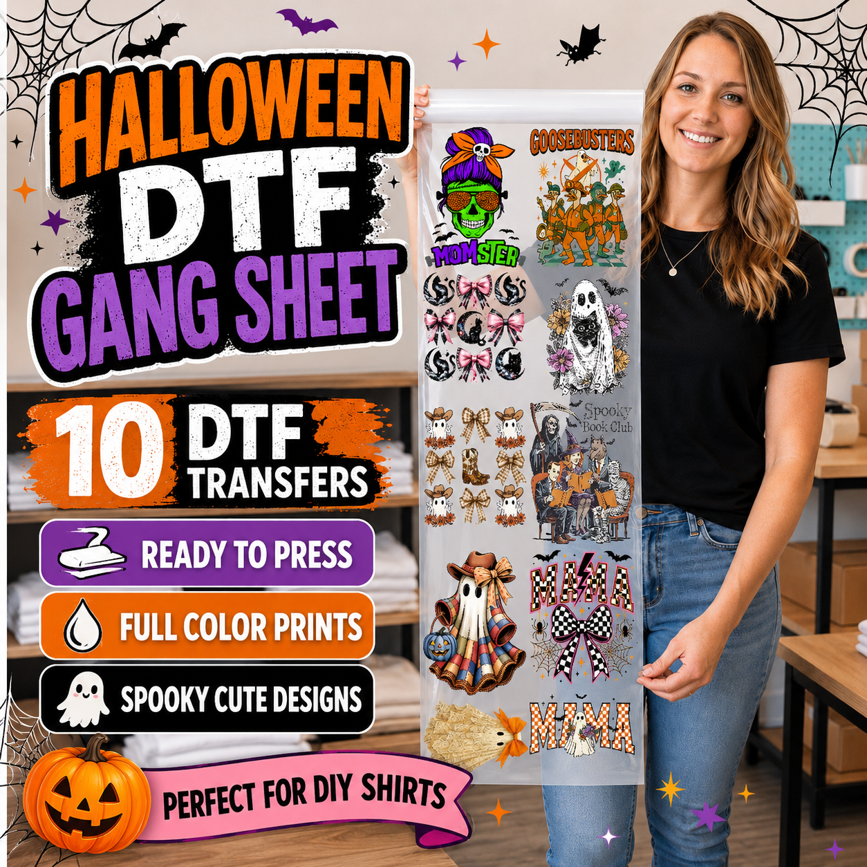A woman stands indoors holding a large clear DTF transfer gang sheet filled with colorful Halloween-themed transfer designs. The image includes large promotional text on the left advertising 'Halloween DTF Gang Sheet', '10 DTF Transfers', and features like 'Ready to Press', 'Full Color Prints', and 'Spooky Cute Designs'.