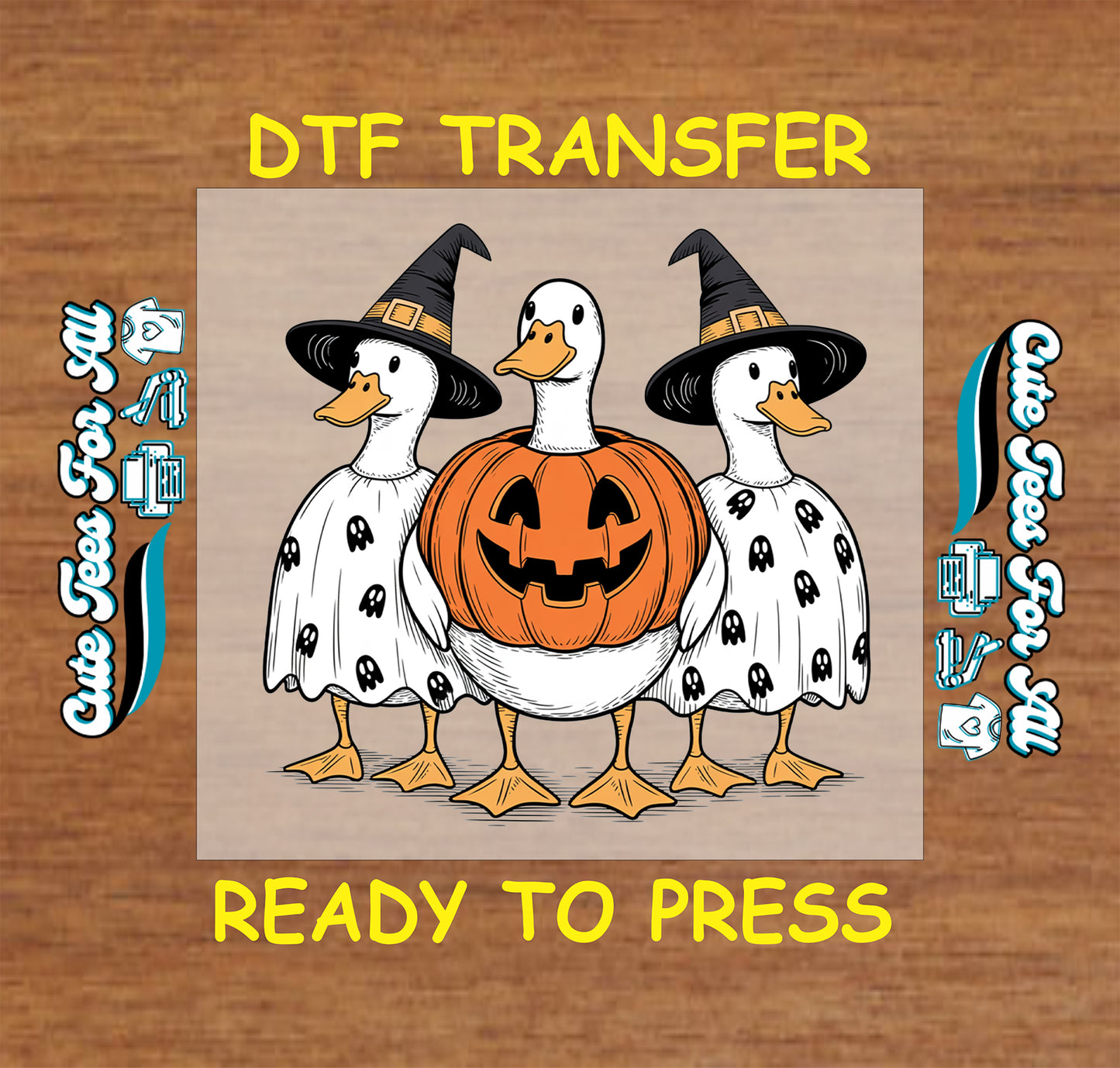 DTF transfer with three ducks dressed for Halloween: two in ghost costumes with witch hats and one in a pumpkin