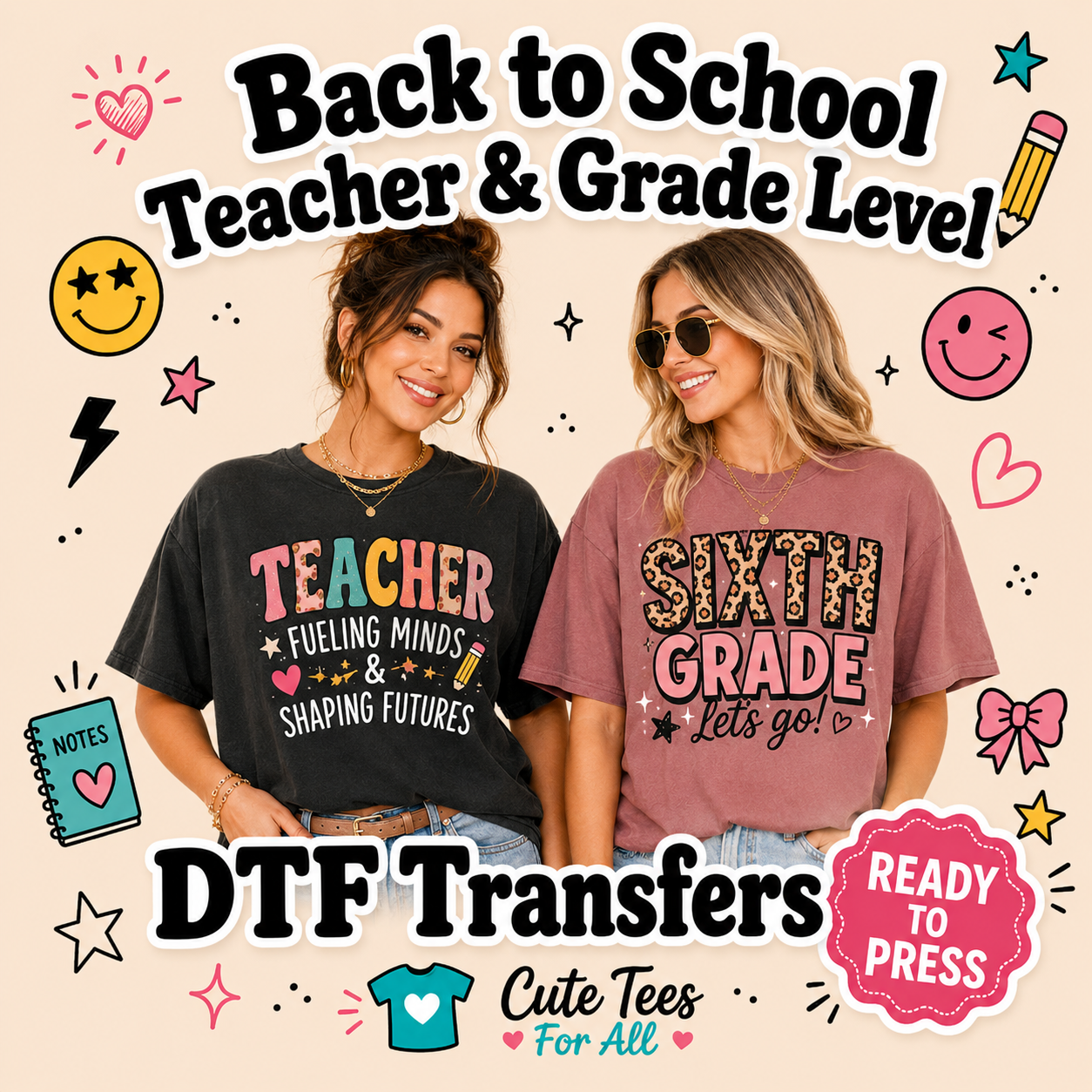 Back to school DTF transfers featuring teacher, classroom, and grade-level designs for creating custom school apparel