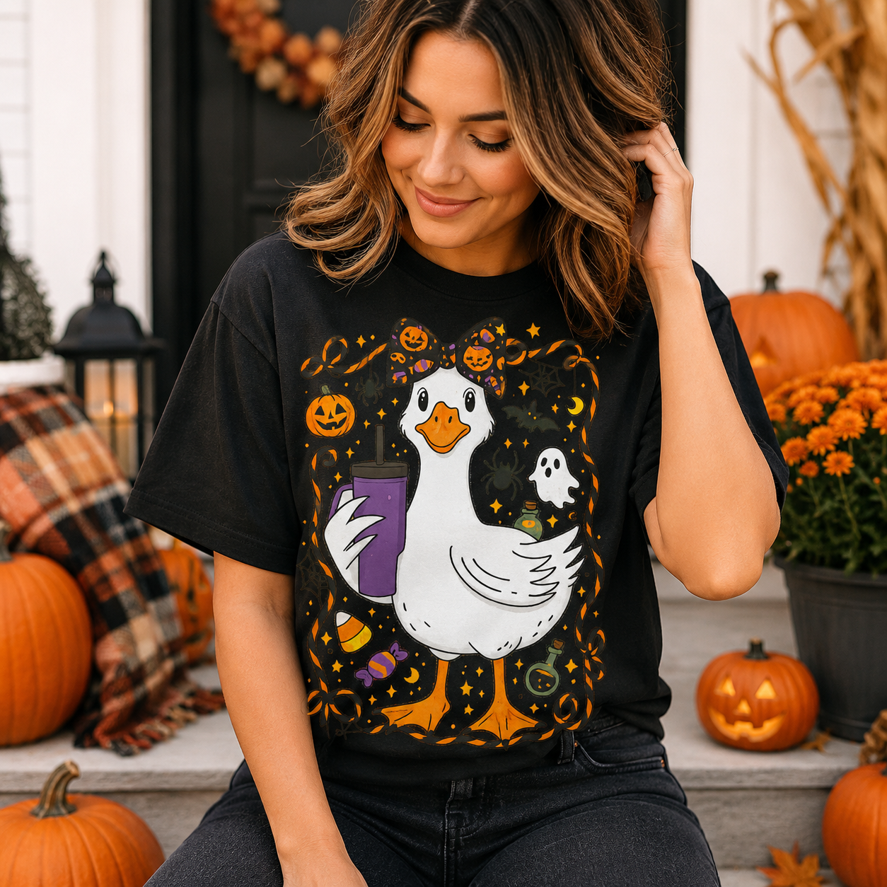 A woman wearing a black graphic t-shirt with a cartoon white goose holding a purple smartphone, surrounded by pumpkins and autumn decorations.