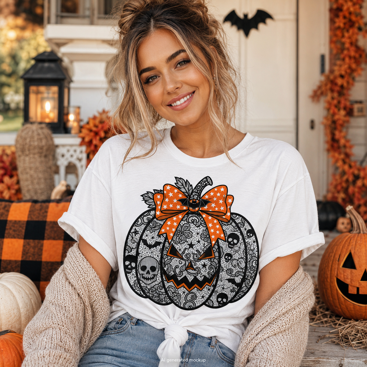 A woman wearing a white graphic t-shirt with a black and orange Halloween pumpkin design, styled with a knitted cardigan and jeans in a festive autumn porch setting.