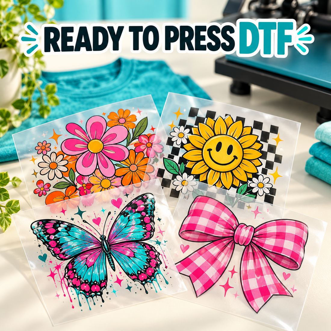 Ready-to-press DTF transfer sheets beside a heat press