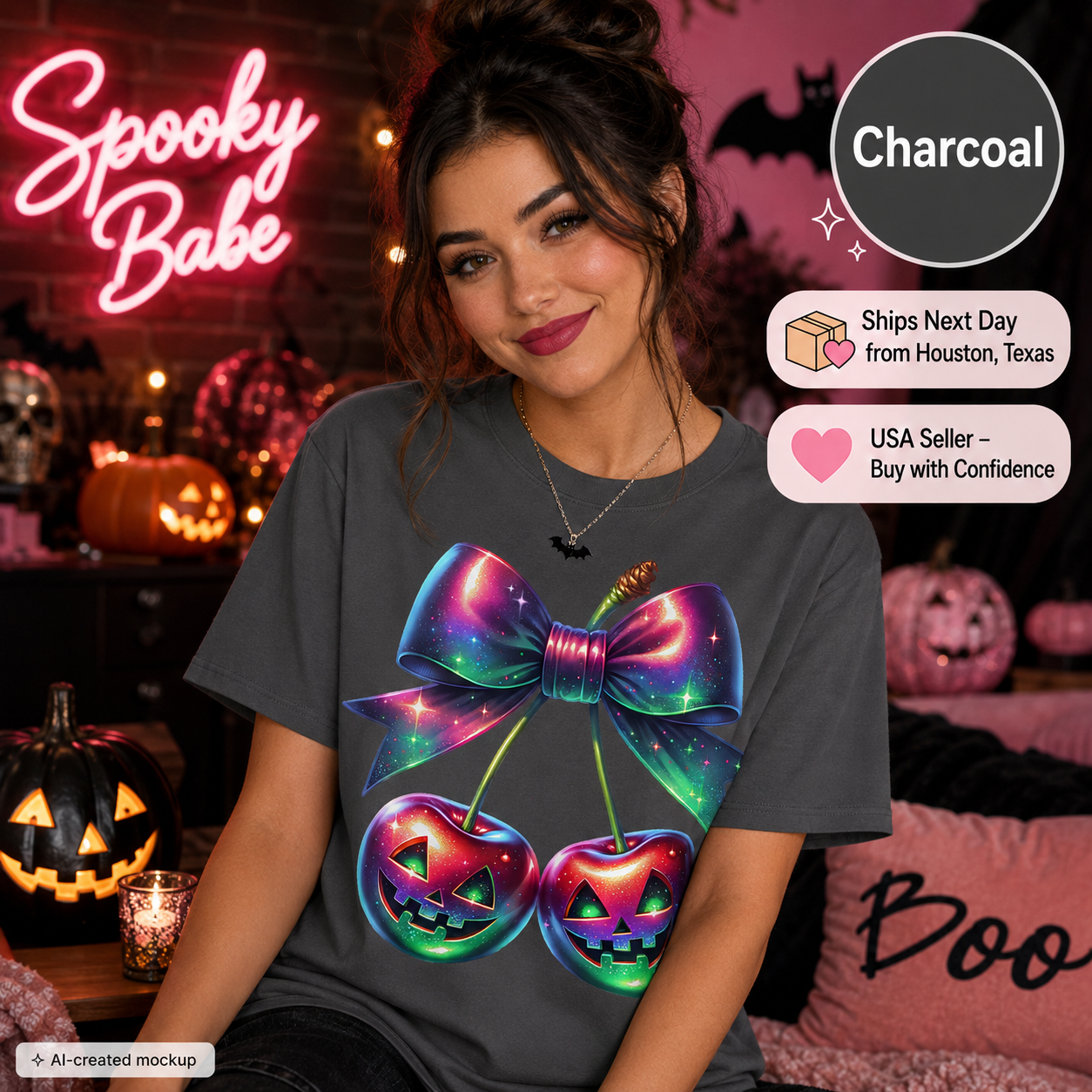 A woman wearing a charcoal gray t-shirt with a colorful graphic of two jack-o'-lantern cherries under a large iridescent bow. The background is a cozy, spooky Halloween-themed room with pumpkins, a neon sign, and pillows.
