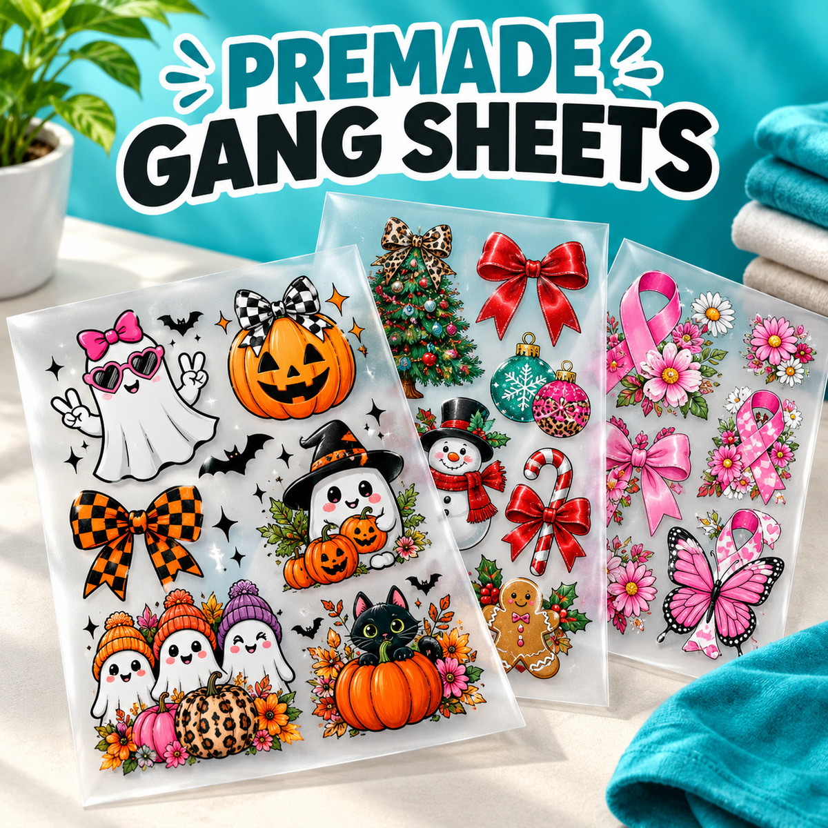 Premade DTF gang sheet with multiple themed ready-to-press transfer designs, folded teal shirt, and heat press.