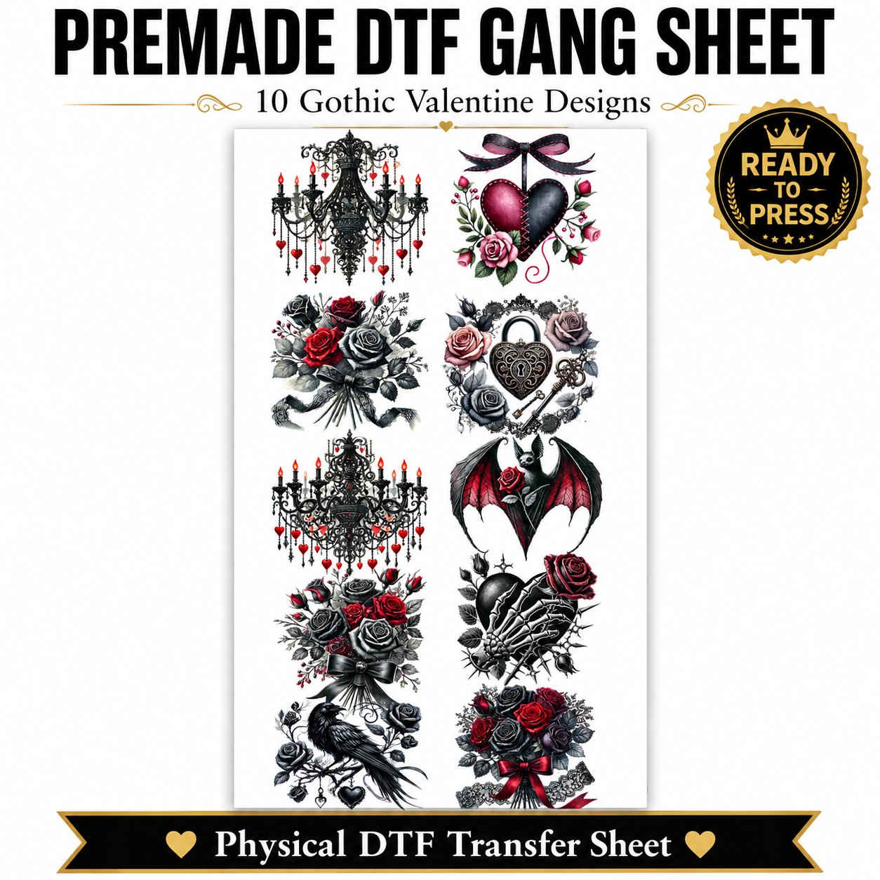 A promotional graphic for a premade DTF gang sheet featuring multiple Halloween-themed graphic designs on a white background, with text listing features such as fit, colors, durability, and shipping details.