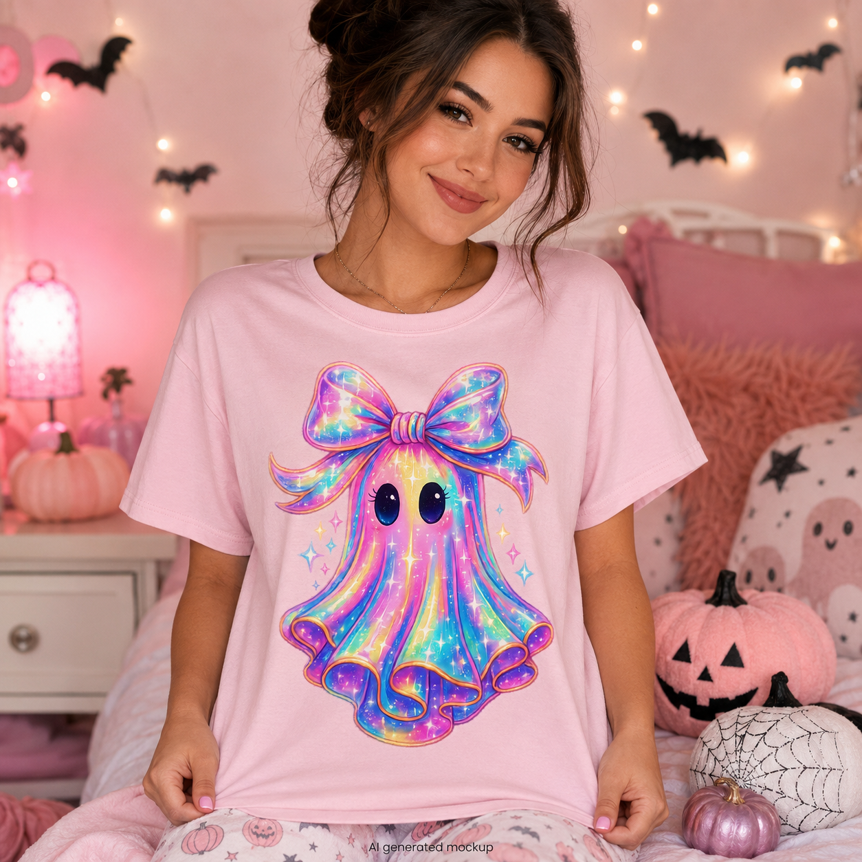 A woman wearing a light pink t-shirt with a large holographic rainbow ghost bell graphic on the front, posed in a cozy, decorated pink bedroom.