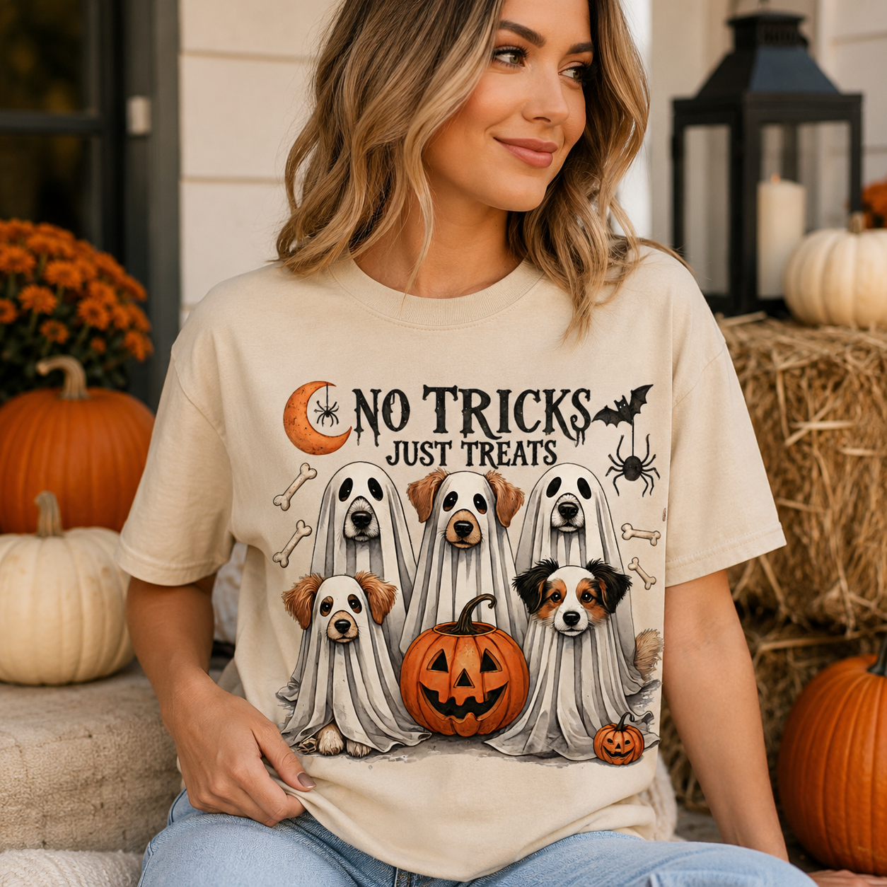 A woman wearing a beige graphic t-shirt with a Halloween design featuring dogs in ghost sheets and pumpkins, posed in front of a house with pumpkins.