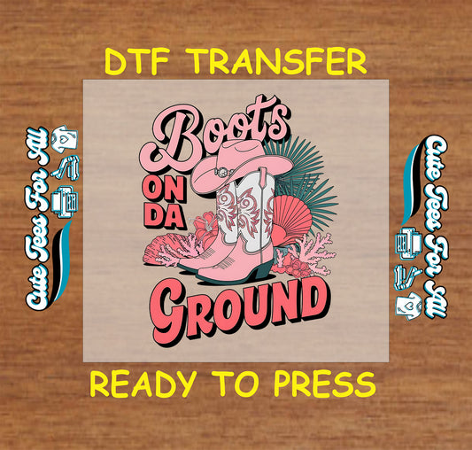 Western summer DTF transfer with pink boots, cowboy hat, and coral background.
