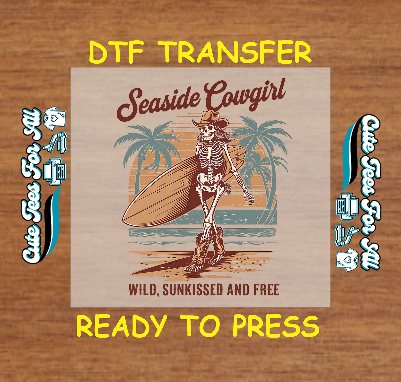 Western summer DTF transfer with skeleton cowgirl, surfboard, and palm trees.