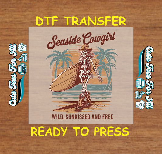Western summer DTF transfer with skeleton cowgirl, surfboard, and palm trees.