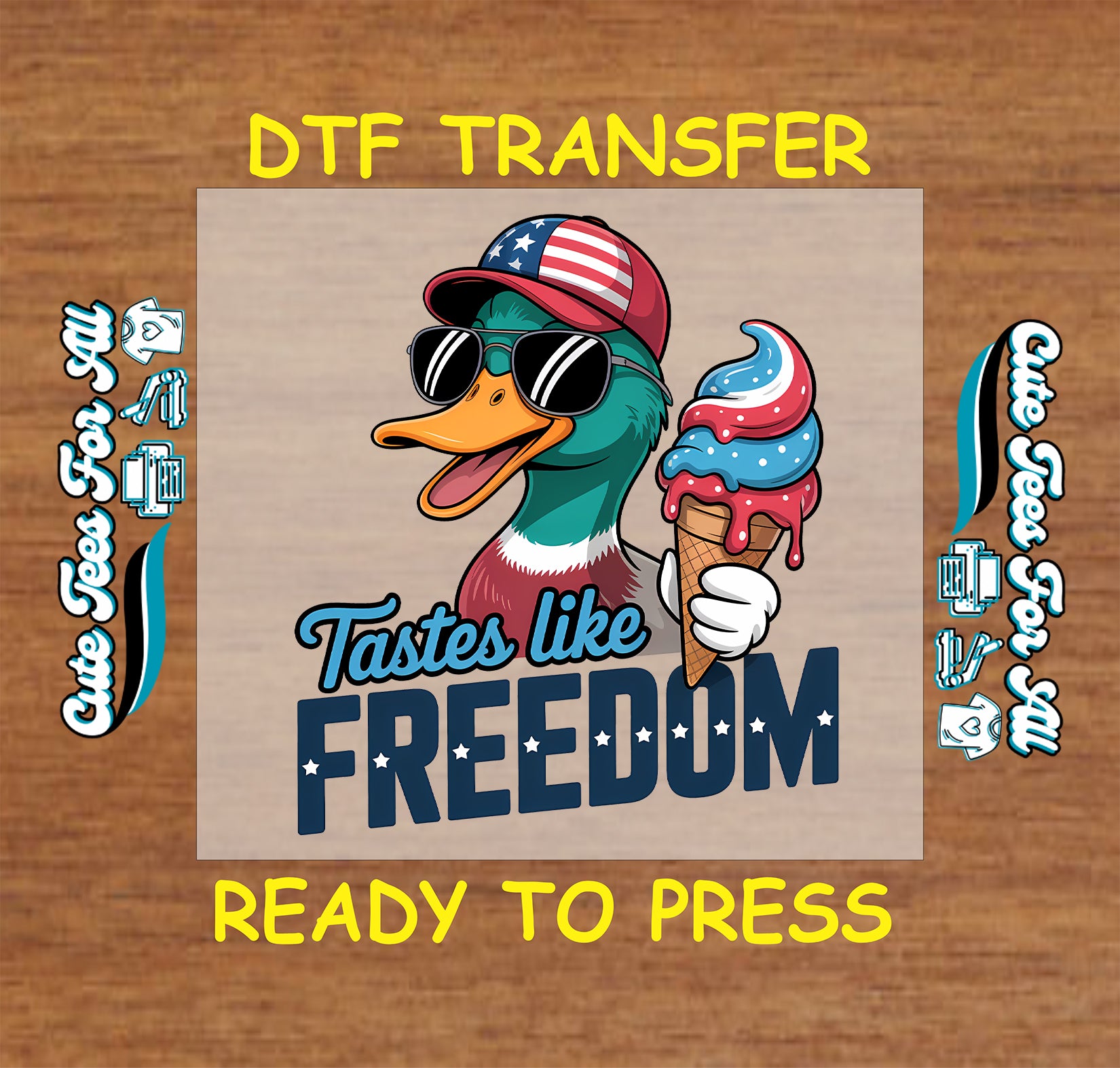 Patriotic duck holding ice cream with “Tastes Like Freedom” text.