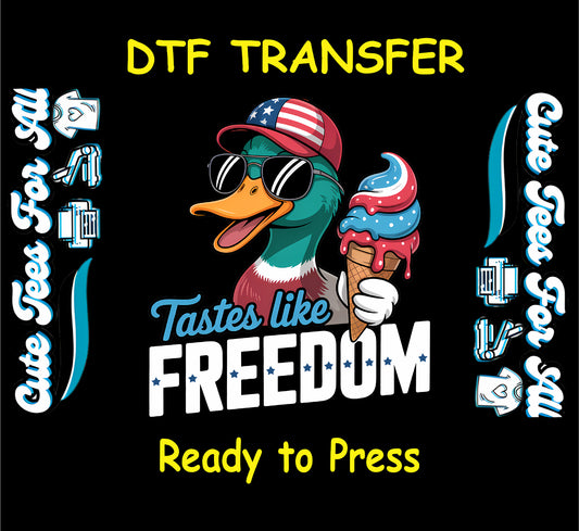 Patriotic duck with sunglasses holding ice cream and “Tastes Like Freedom” text.