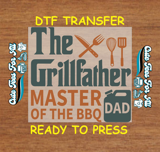 Grillfather BBQ themed DTF with grilling tools and gas can labeled dad.