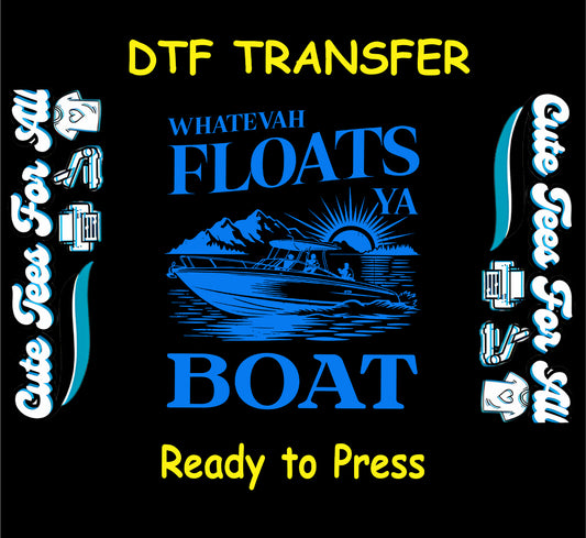 Blue boat with sunset and mountain scene and text saying "Whatevah Floats Ya Boat"