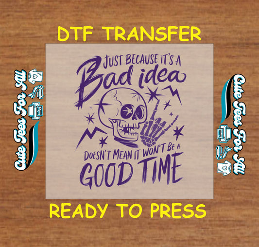 Purple skull DTF transfer with funny quote and lightning graphics.