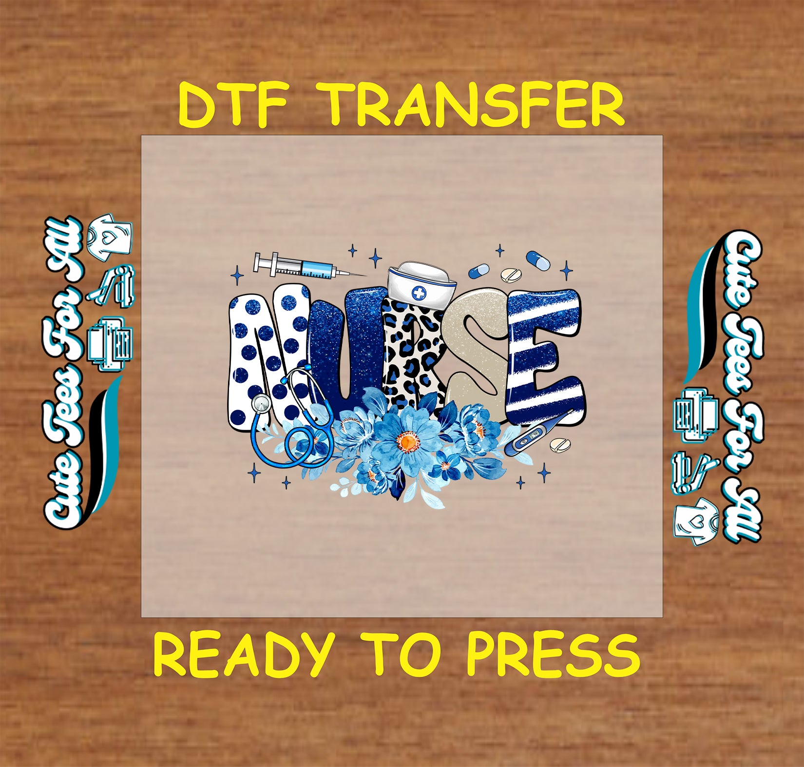 Nurse DTF transfer with blue glitter letters, flowers, and medical icons.