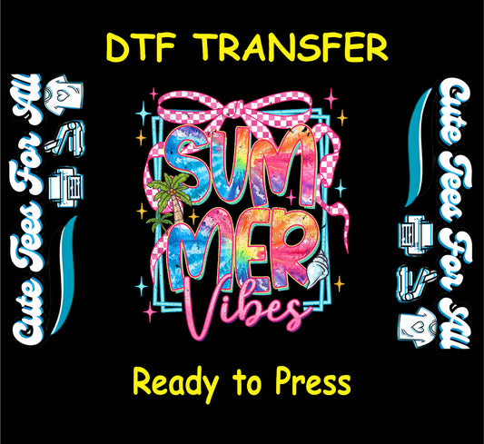 Colorful summer vibes DTF transfer with palm tree, checker bow, and tie-dye text.