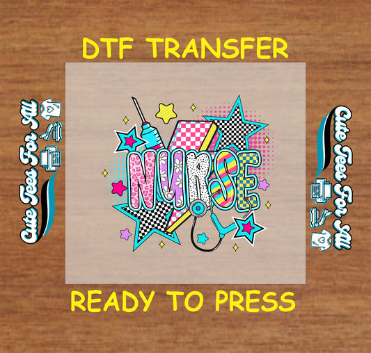 Colorful retro nurse DTF transfer with stars, syringe, and stethoscope.