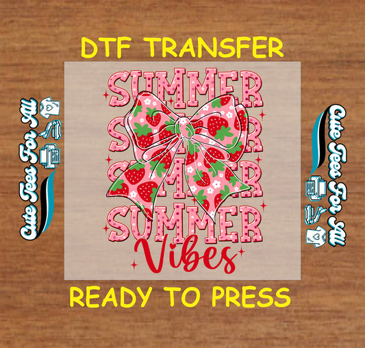 Strawberry bow summer vibes DTF transfer with pink text.