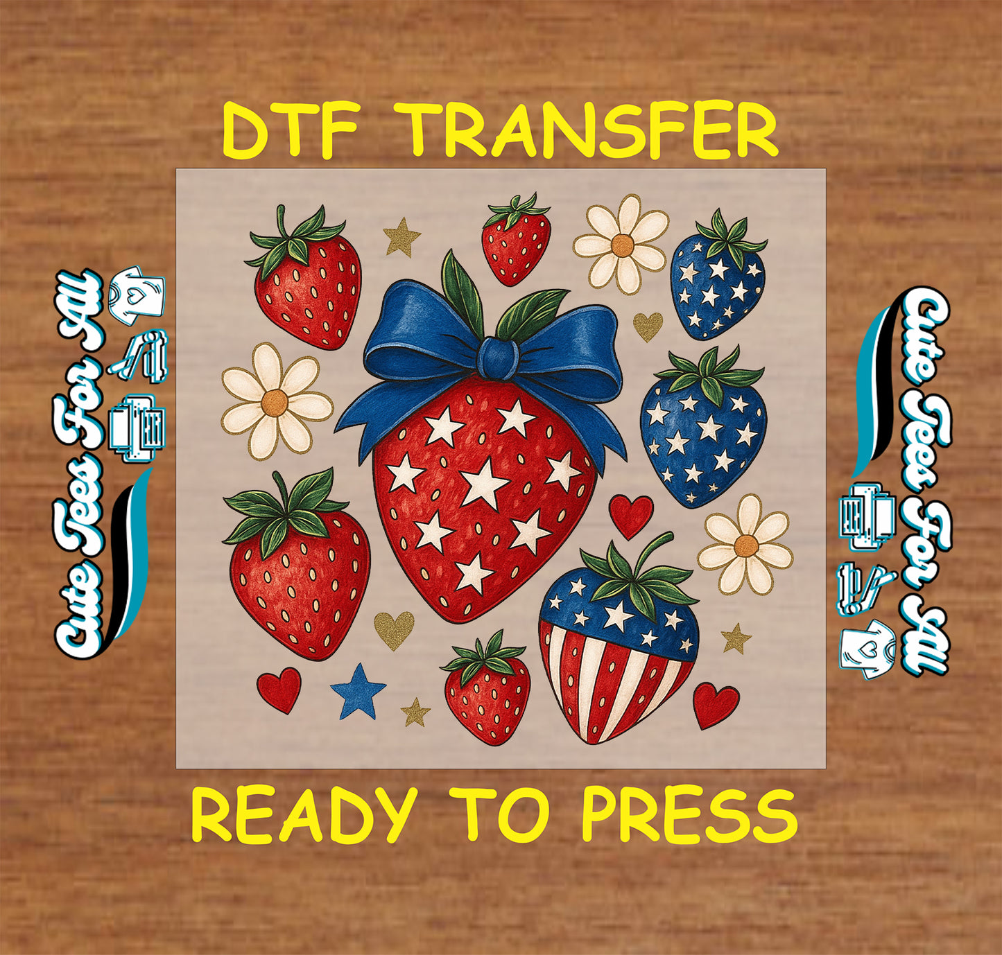 4th of July DTF transfer with patriotic strawberries, daisies, and stars.