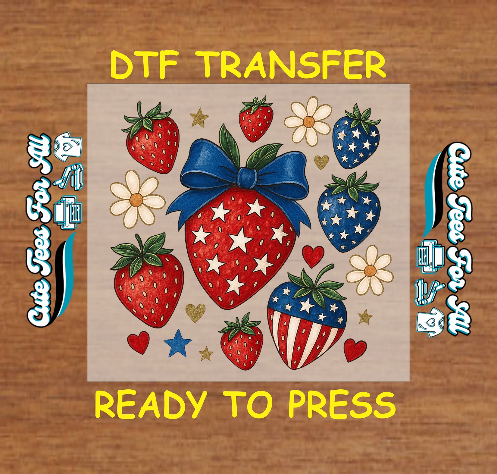 4th of July DTF transfer with patriotic strawberries, daisies, and stars.