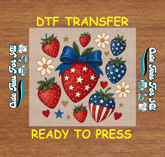 4th of July DTF transfer with patriotic strawberries, daisies, and stars.
