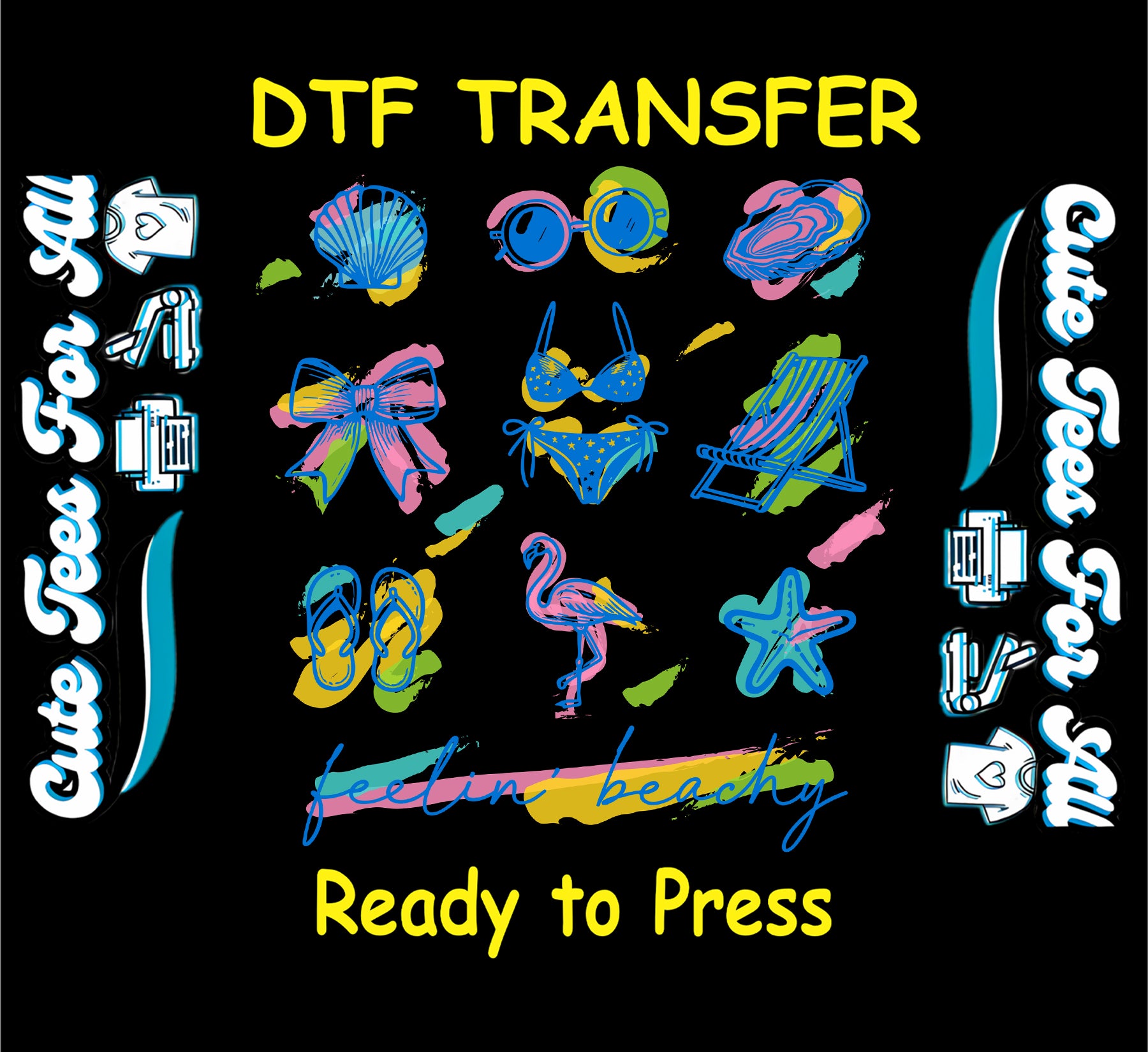 DTF transfer with summer icons including sunglasses, shells, bikini, and flamingo.