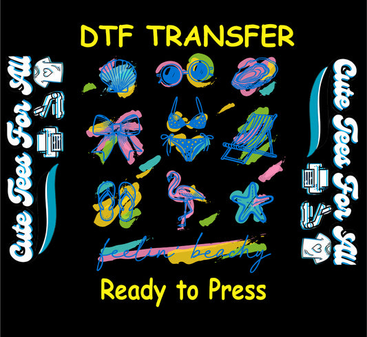 DTF transfer with summer icons including sunglasses, shells, bikini, and flamingo.