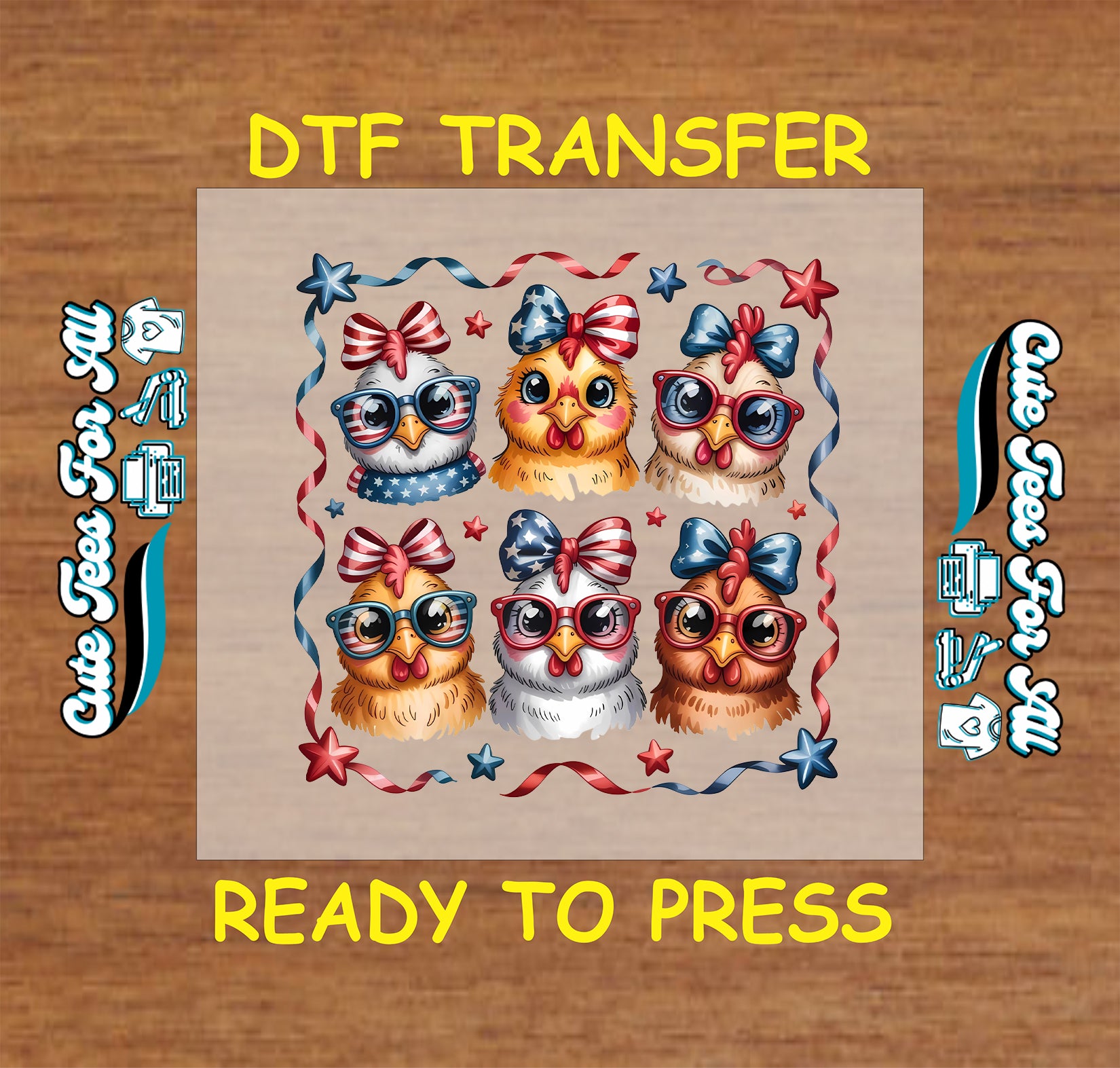 Chickens in patriotic glasses and bows with stars and ribbons DTF transfer.