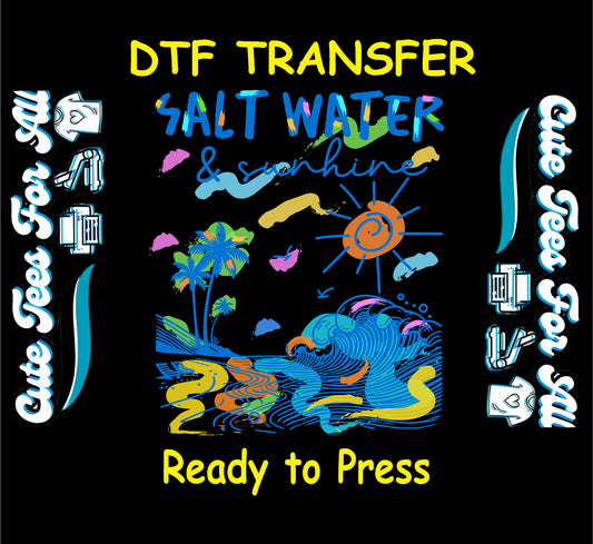 Colorful Salt Water and Sunshine text with palm trees, sun, and waves.