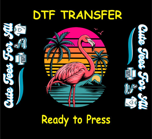 Retro flamingo standing in sunset with palm trees and tropical background.