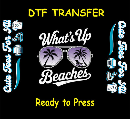 Sunglasses with palm trees and beach chair under “What’s Up Beaches” text.