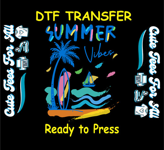 Summer Vibes DTF transfer with surfboard, sailboat, palm tree, and paint splashes.