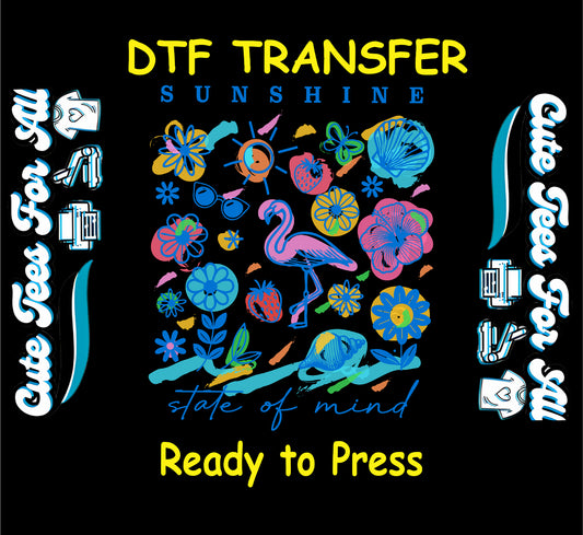 Sunshine State of Mind DTF transfer with flamingo, summer icons, and colorful graphics.