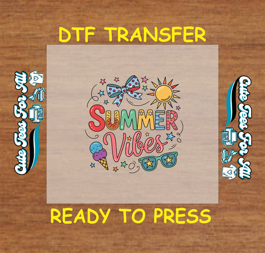 Colorful Summer Vibes DTF transfer with bow, sun, ice cream, stars, and sunglasses.
