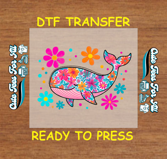 Colorful floral whale DTF transfer with bright summer flowers in pink, orange, teal, and yellow.