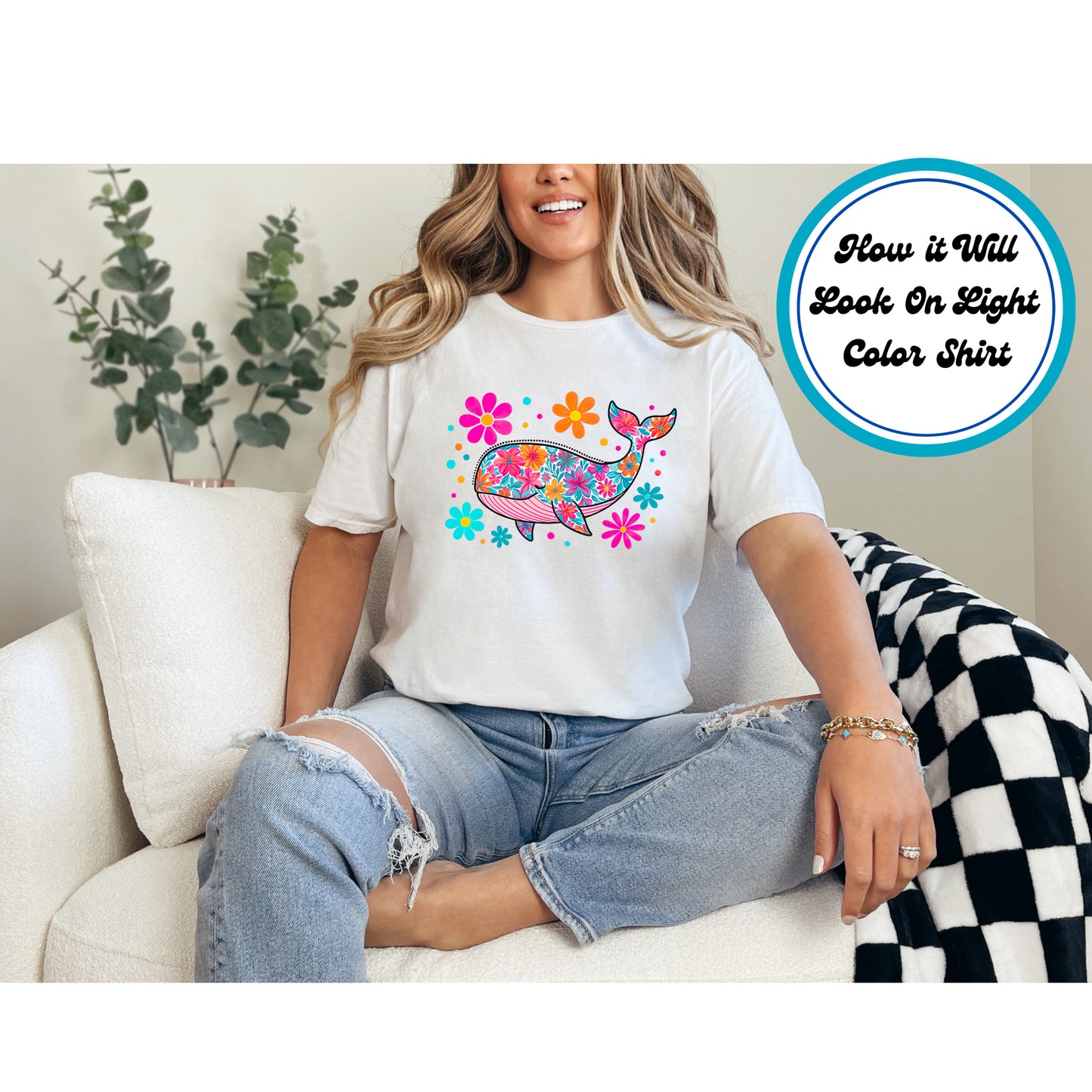Summer DTF Transfer Iron On Heat Transfer - Ready to Press, Tropical Floral Whale DTF Transfer 10092