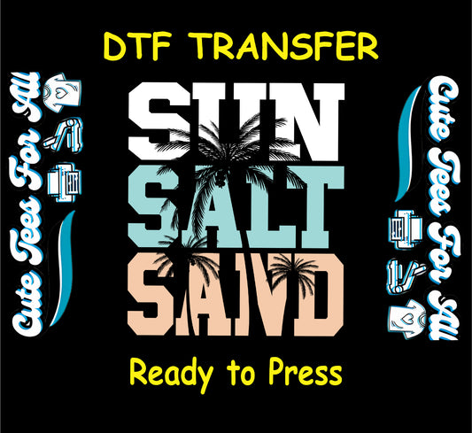 Sun Salt Saved DTF transfer with bold beach lettering and black palm trees.