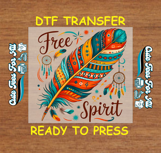 Boho feather DTF transfer with tribal patterns, dreamcatchers, and “Free Spirit” text in orange, teal, and yellow.