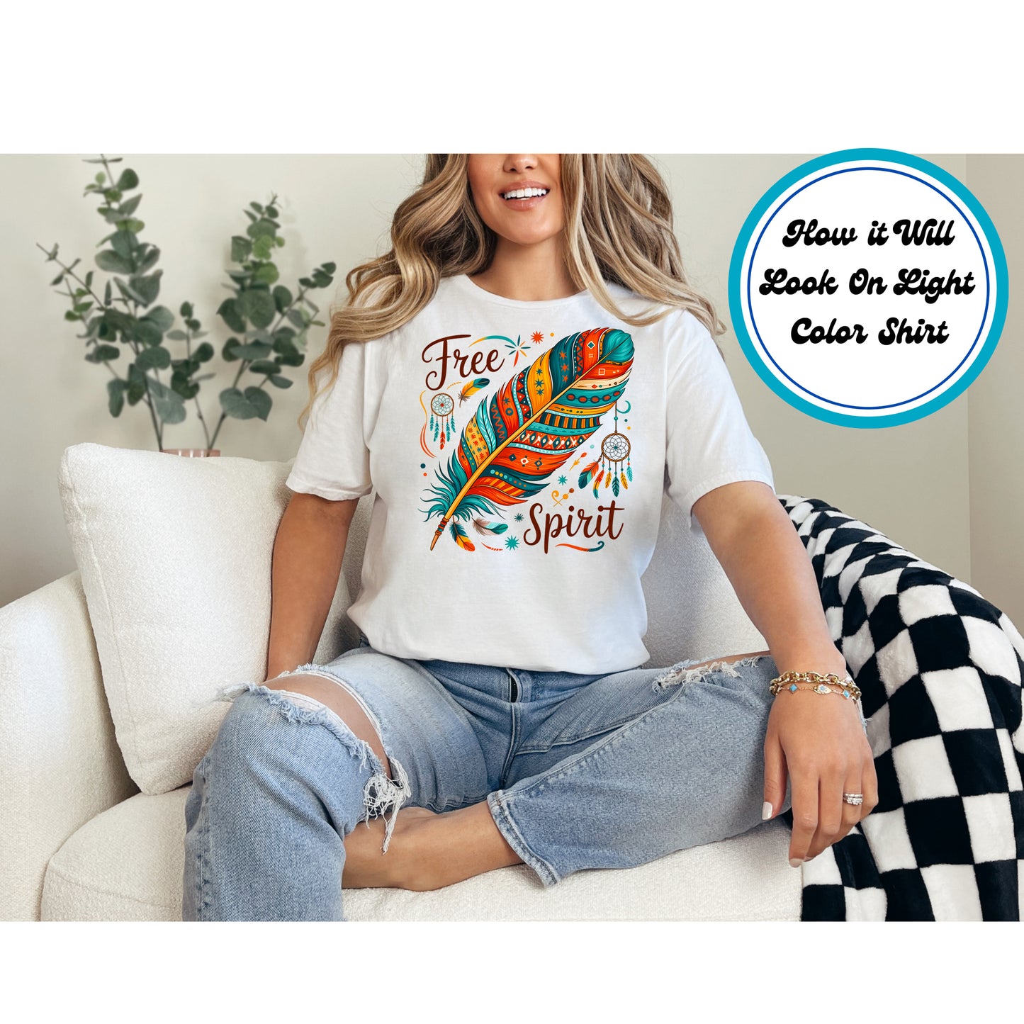 Boho DTF Transfer Iron On Heat Transfer - Ready to Press, Free Spirit Feather DTF Transfer 10097