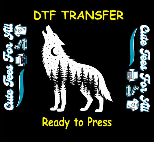 Howling wolf silhouette filled with trees, stars, and a crescent moon DTF transfer.