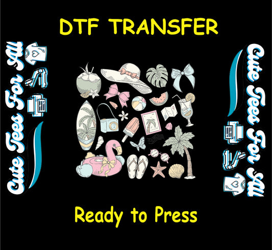 DTF transfer with assorted summer icons including flamingo float, palm tree, camera, flip flops, coconuts, bows, and sunglasses.