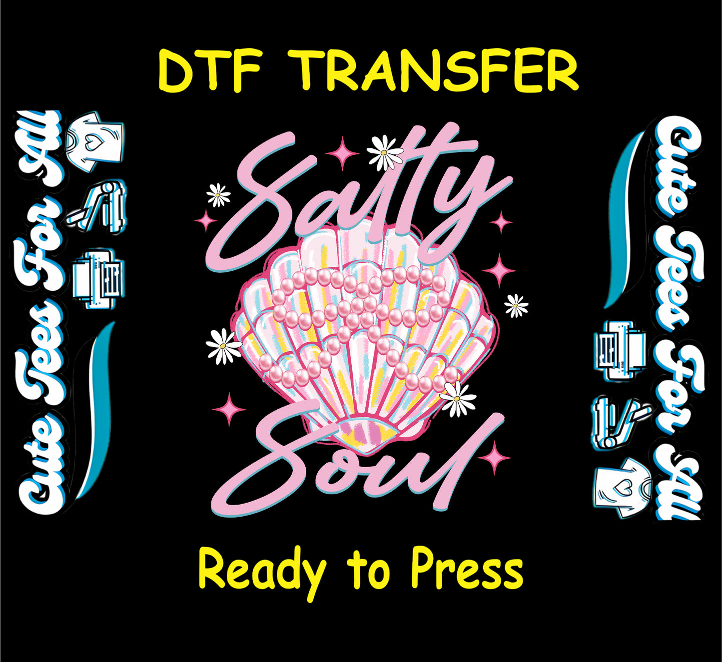 Salty Soul DTF transfer with pastel seashell, pearls, daisies, and pink script lettering.
